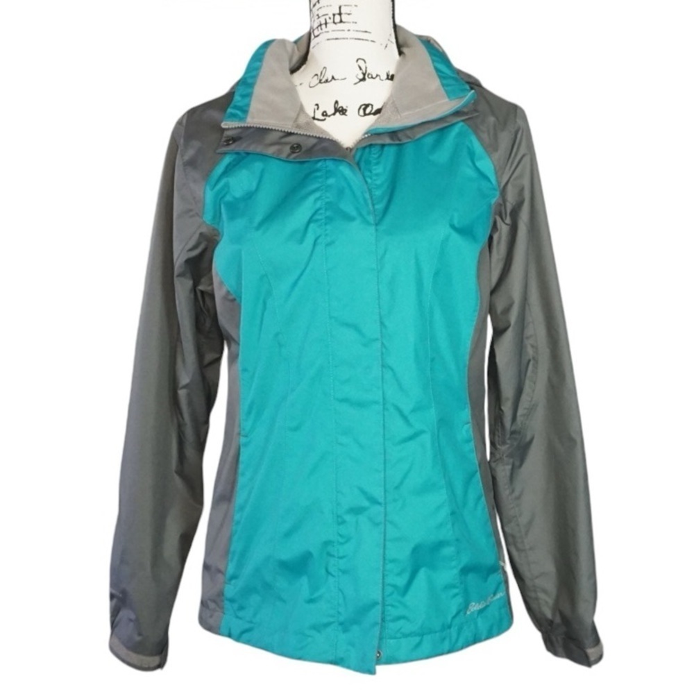 Eddie Bauer Women's Blue/Teal and Gray Hooded Windbreaker Jacket, Small